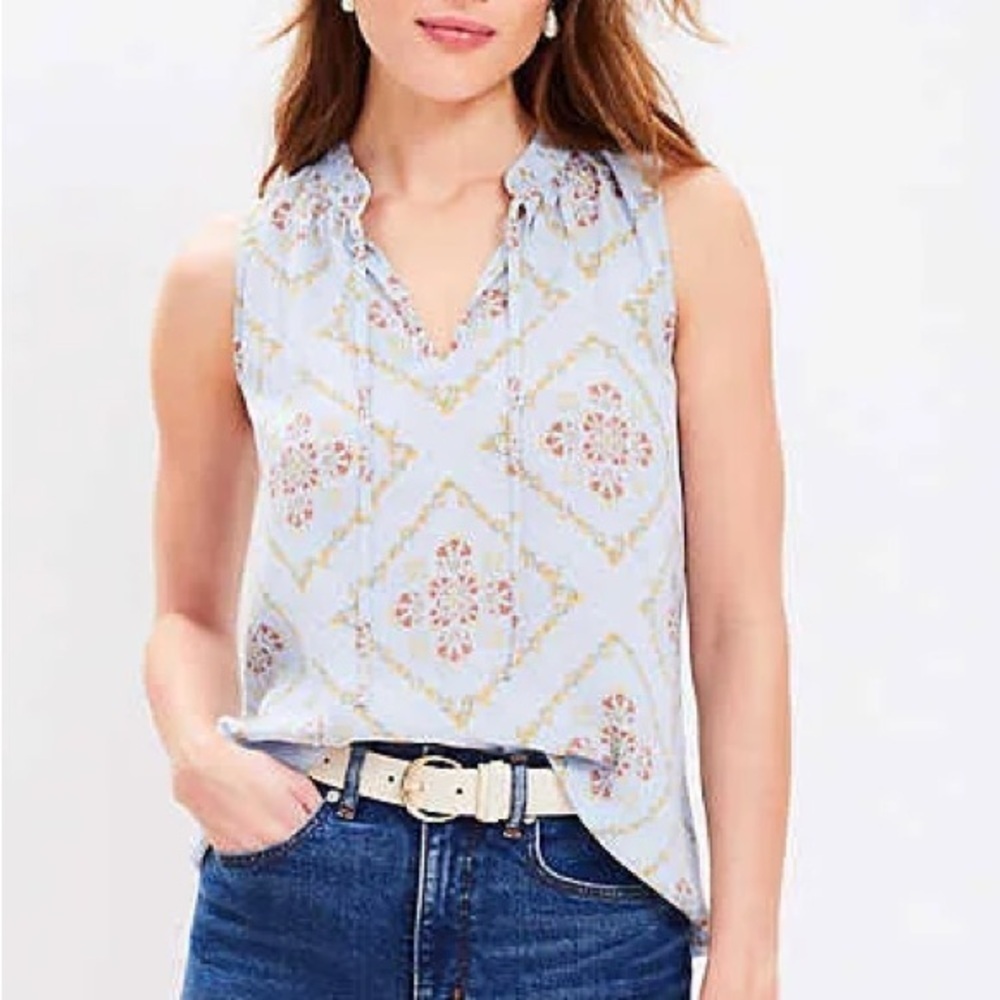 LOFT Sky Blue Floral Sleeveless Bow-Front Blouse